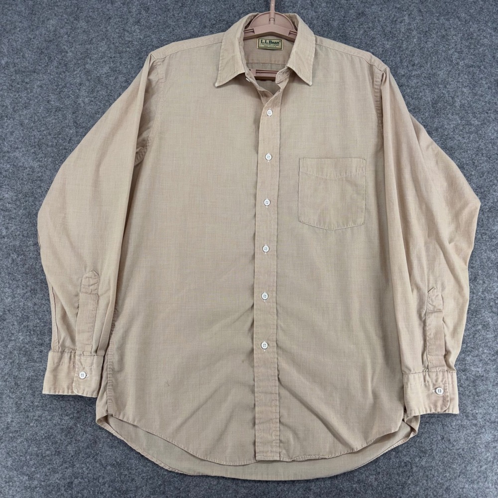Vintage LL Bean Mens Tan Long Sleeve Button Down Shirt Made in USA Pocket Large